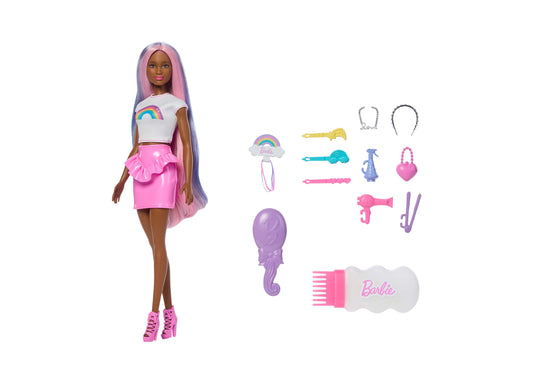 Barbie Rainbow Sparkle Hair Fashion Doll with pink and purple hair, white rainbow top, pink skirt, and 12 styling acc...