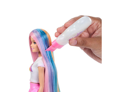 Barbie Rainbow Sparkle Hair Fashion Doll with pink, purple, blue and orange hair being styled with sparkle comb acces...