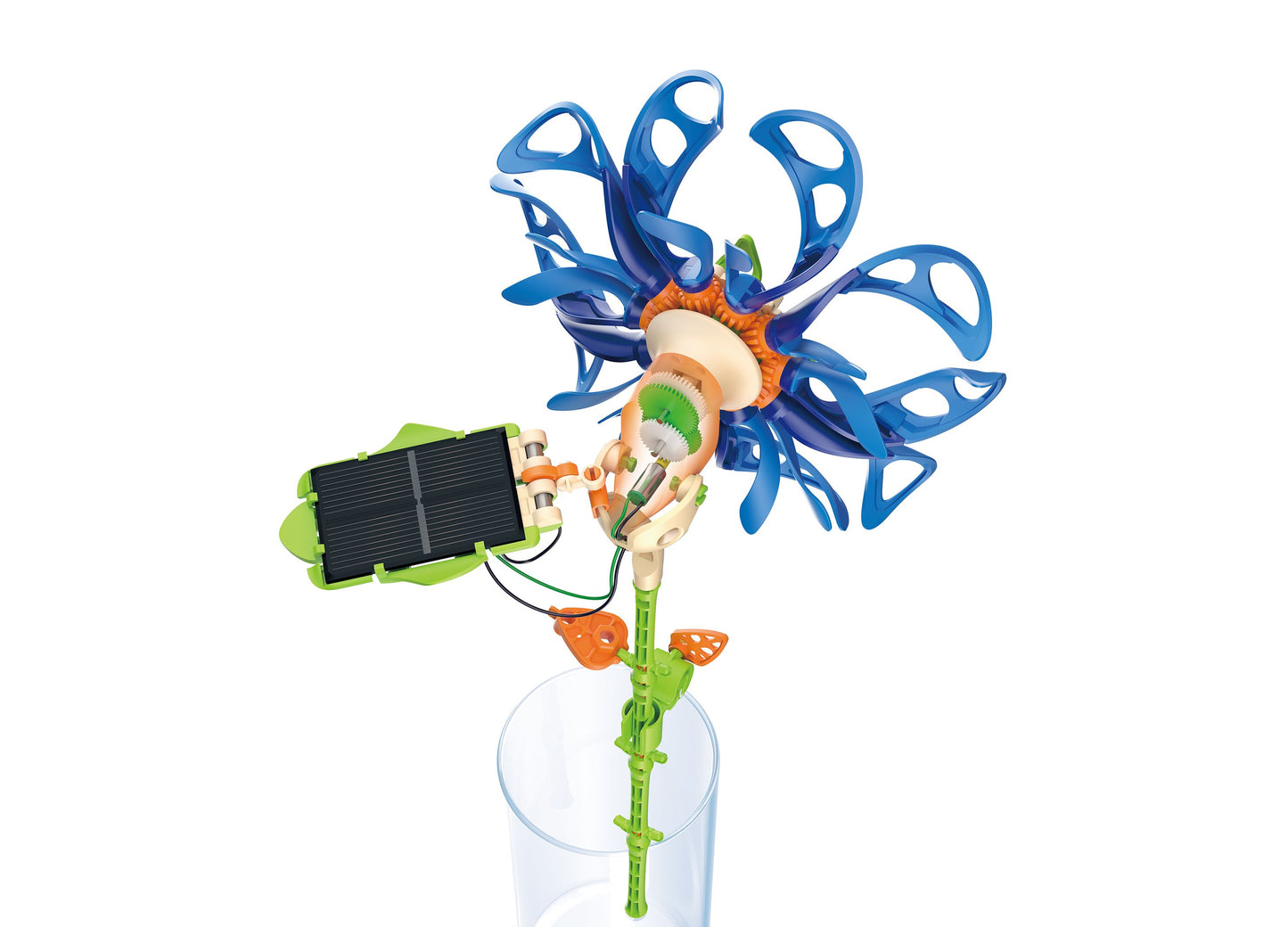 Thames & Kosmos SolarFlower Sapphire Swirl solar-powered toy with blue petals and green stem in water container