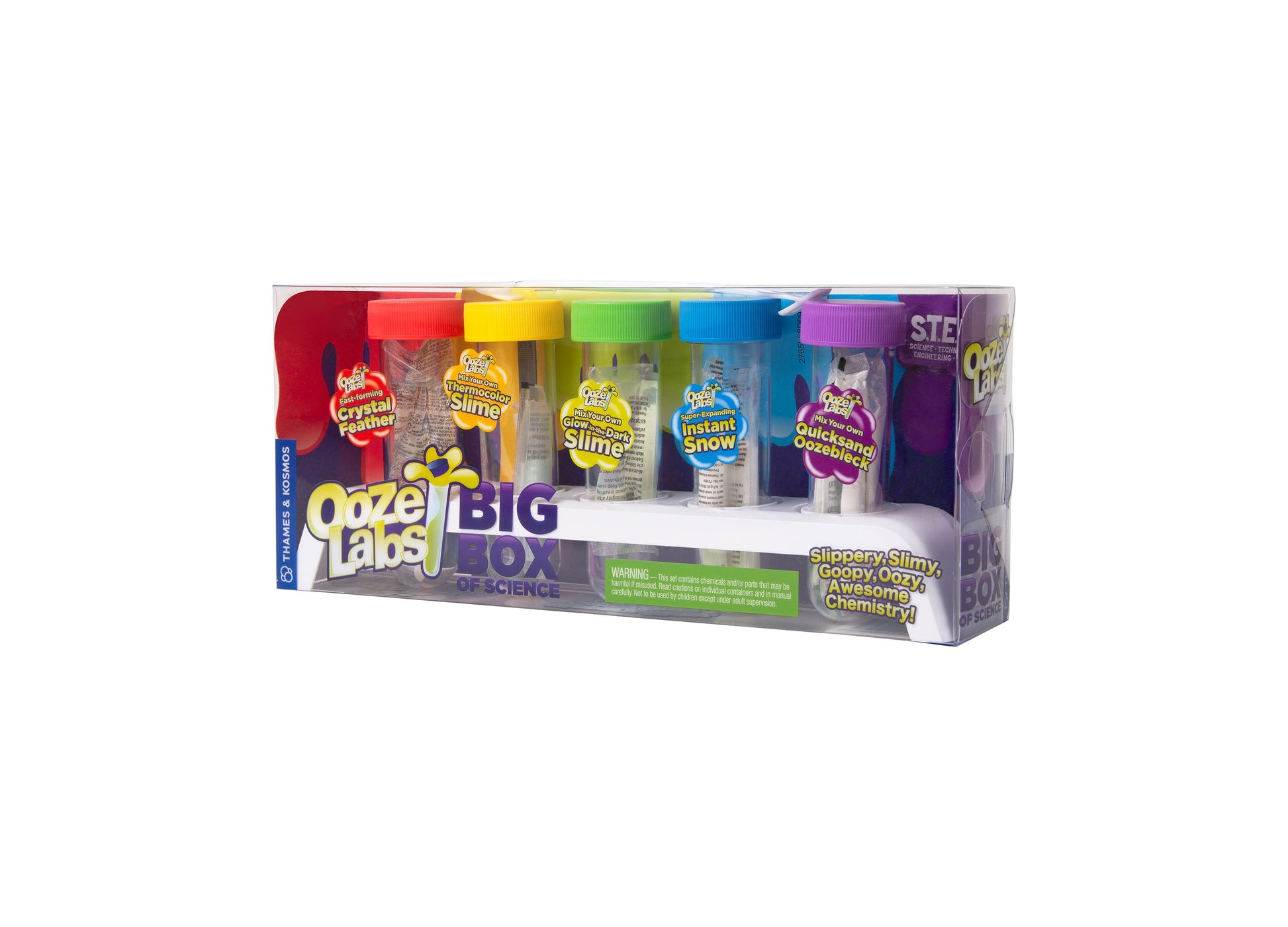 Ooze Labs Big Box of Science kit with colorful slime and crystal experiments in rainbow-colored containers