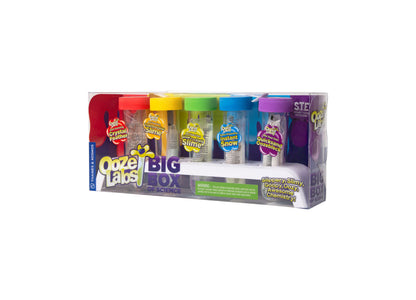 Ooze Labs Big Box of Science kit with colorful slime and crystal experiments in rainbow-colored containers
