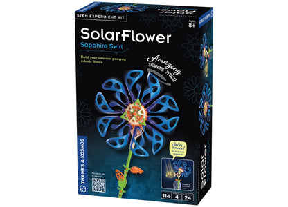 Thames & Kosmos SolarFlower Sapphire Swirl STEM kit with blue spinning petals and solar-powered robotic flower