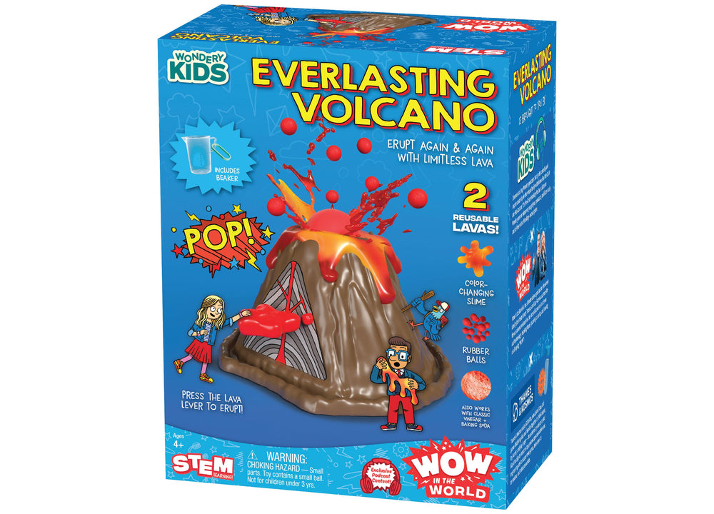 Everlasting Volcano toy with erupting red lava, brown volcano base, and included beaker
