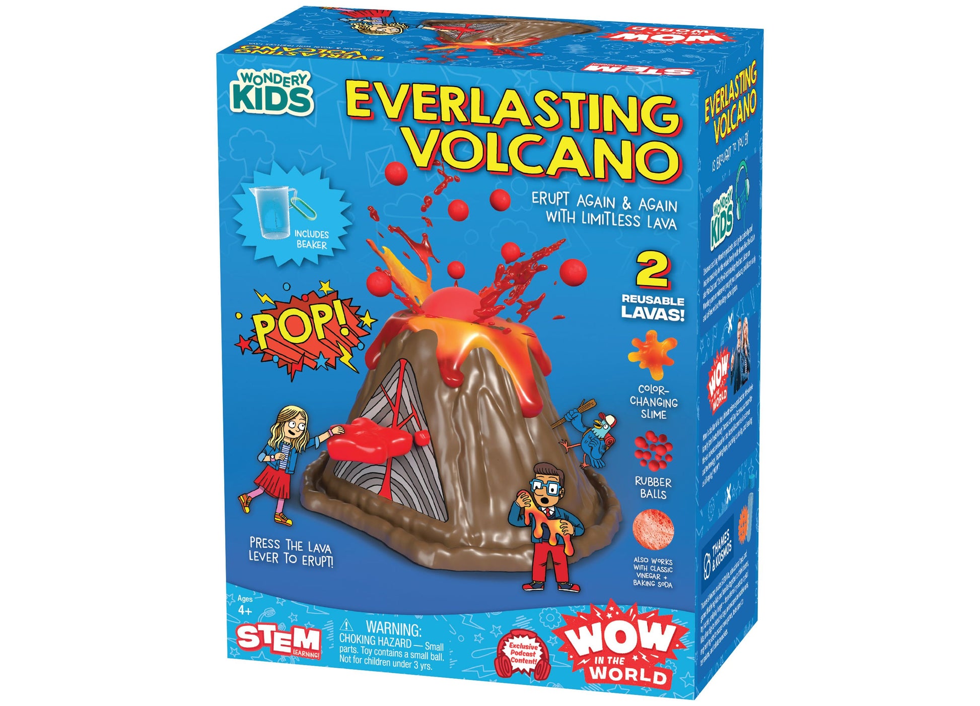 Everlasting Volcano toy with erupting red lava, brown volcano base, and included beaker