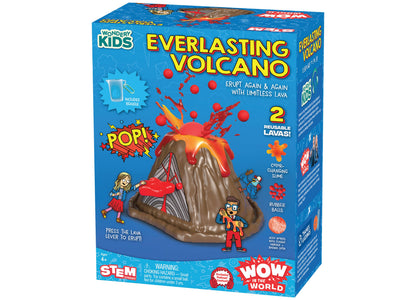 Everlasting Volcano toy with erupting red lava, brown volcano base, and included beaker