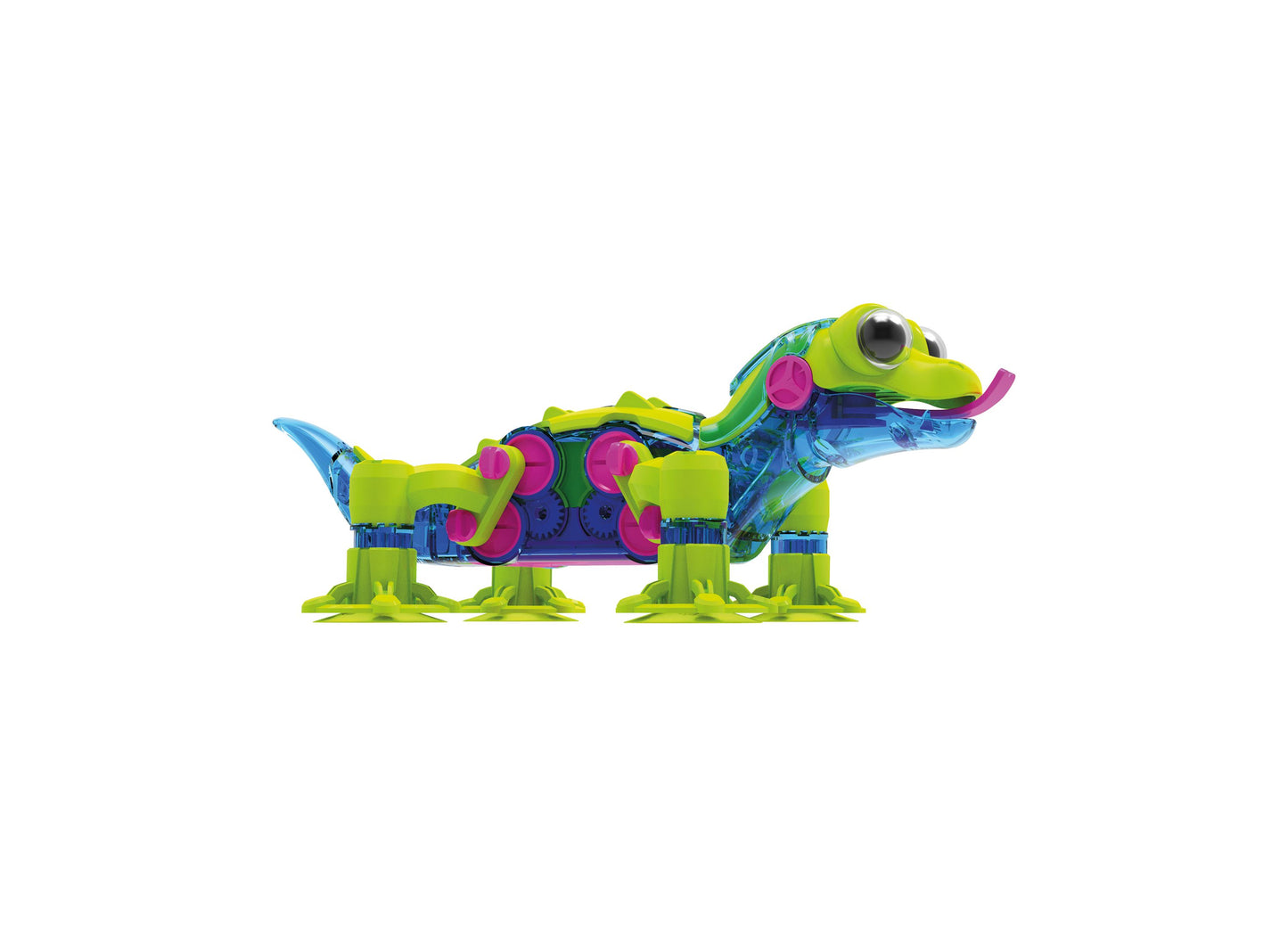 GeckoBot 2.0 robotic toy with lime green and blue body, pink gears, and movable legs