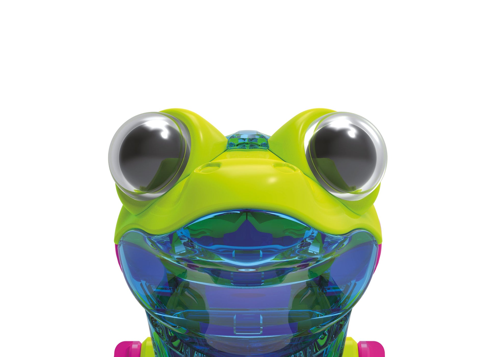 GeckoBot 2.0 lime green robot toy with large silver eyes and blue mouth