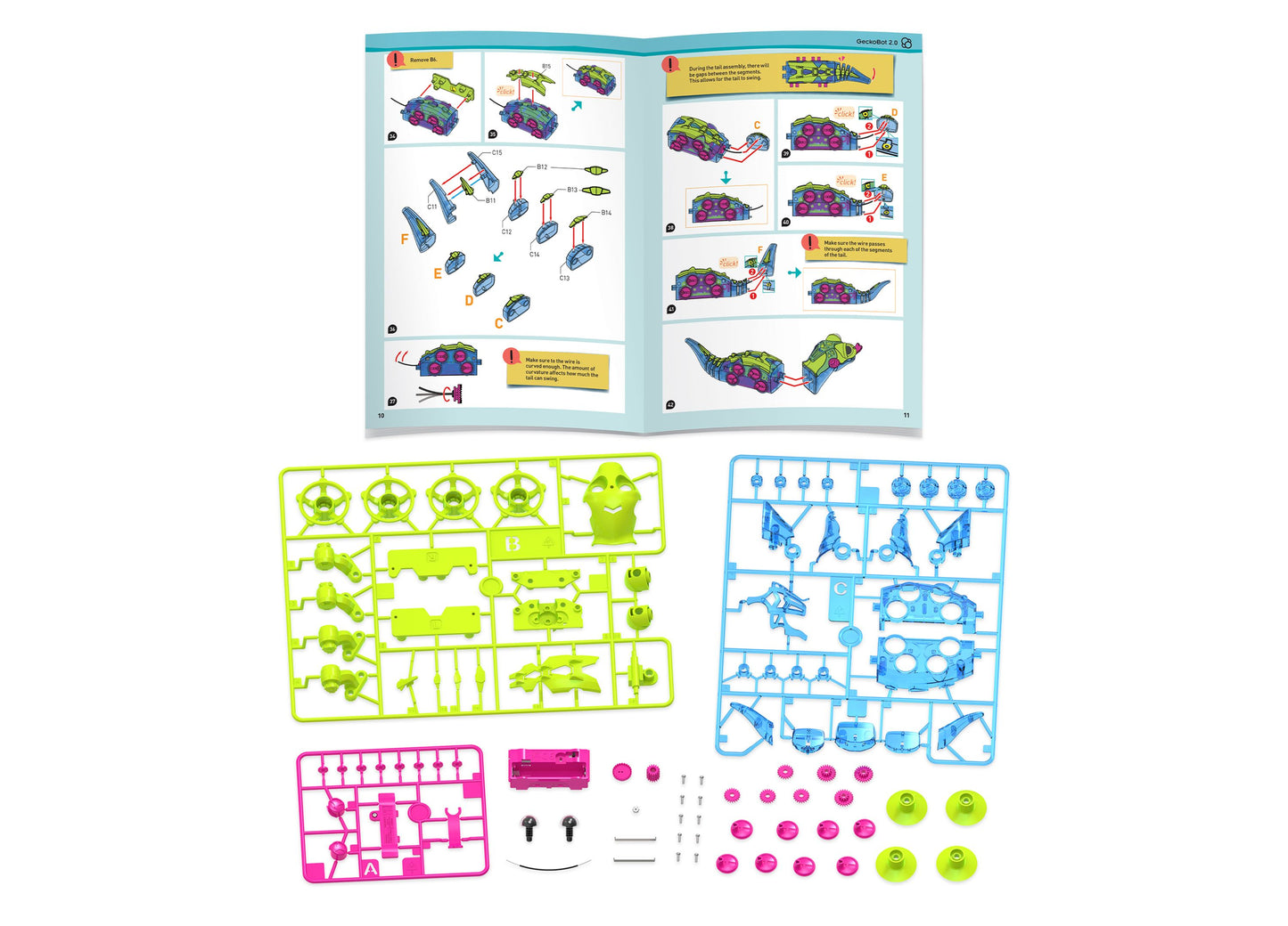 GeckoBot 2.0 building kit with colorful plastic parts, instruction manual, and assembly components