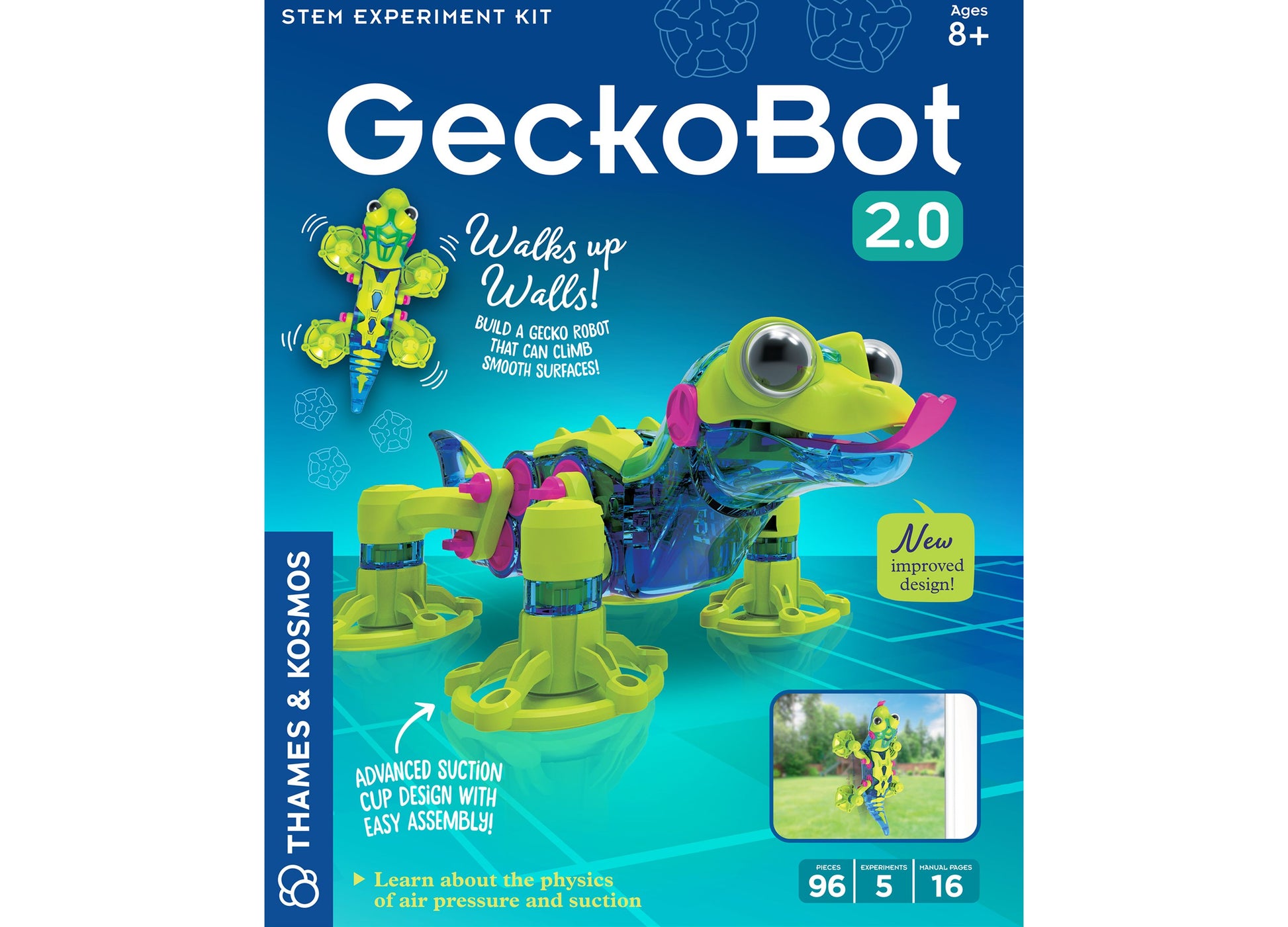 GeckoBot 2.0 STEM robot kit in yellow and pink with suction cup feet