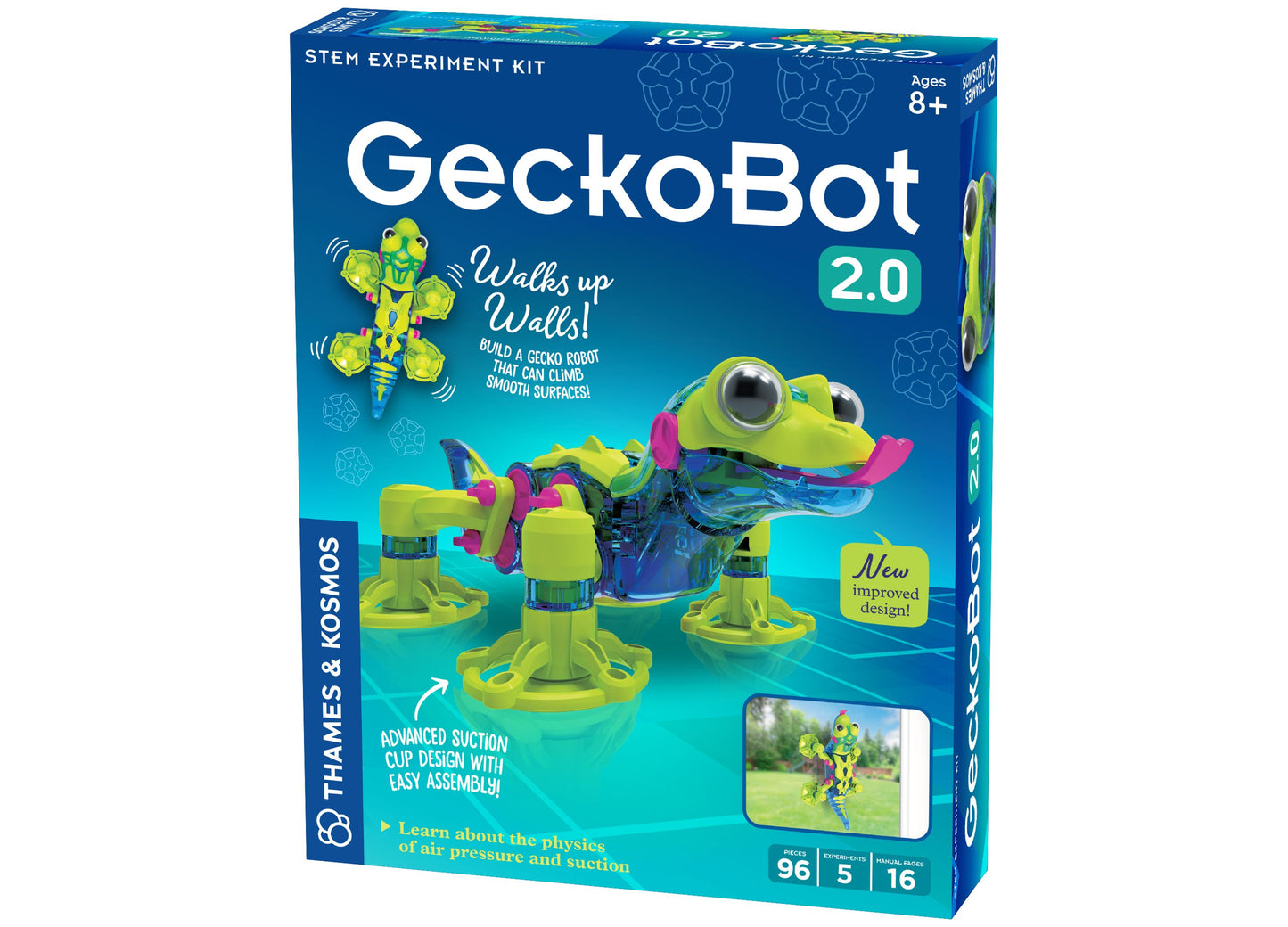 GeckoBot 2.0 STEM robot kit in yellow and pink with suction cups for climbing walls