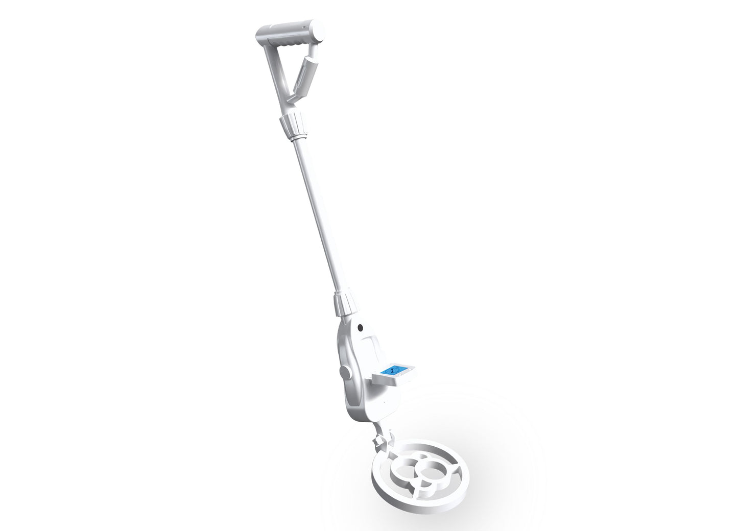 Thames & Kosmos Metal Detector with gray shaft, blue display screen, and circular detection coil