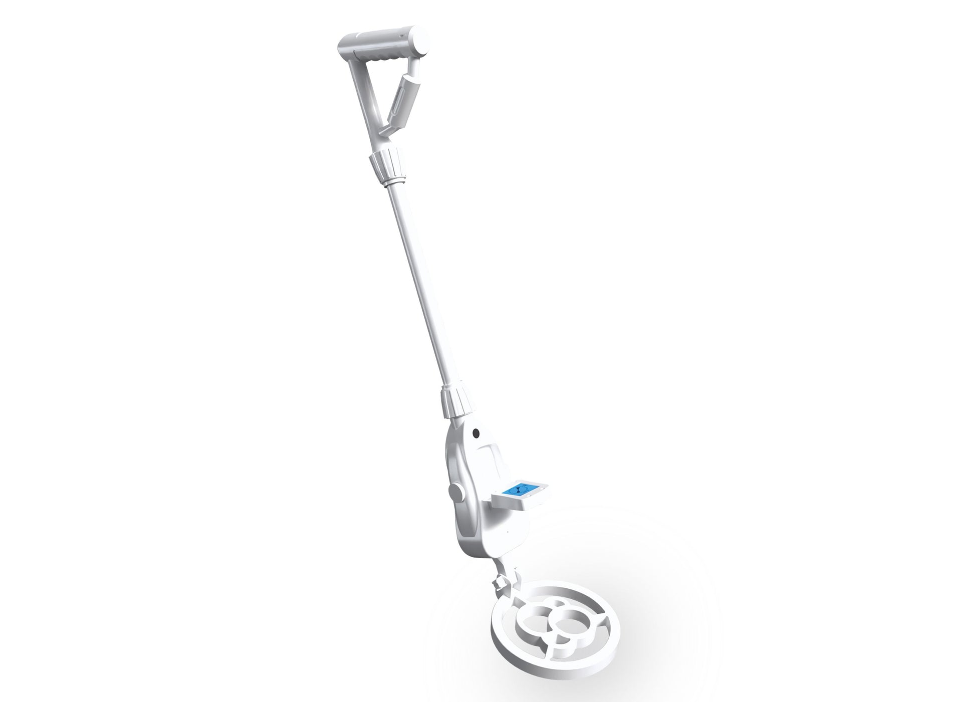 Thames & Kosmos Metal Detector with gray shaft, blue display screen, and circular detection coil