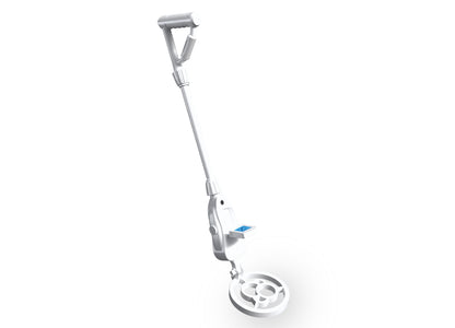 Thames & Kosmos Metal Detector with gray shaft, blue display screen, and circular detection coil