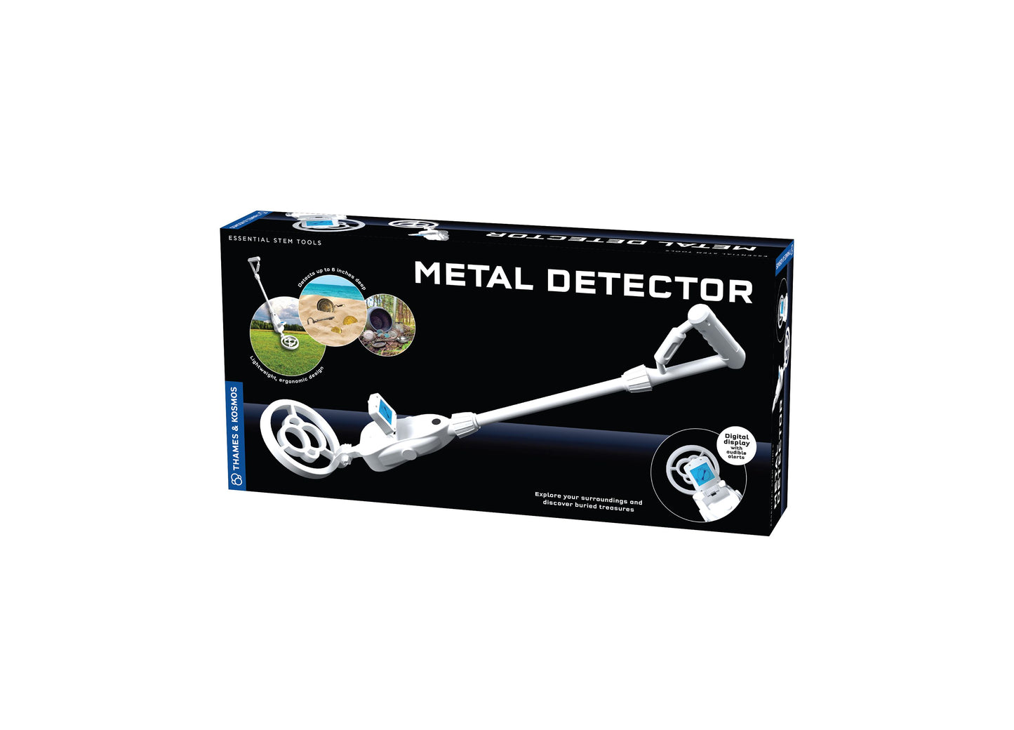 Thames & Kosmos Metal Detector with white handle and digital display screen