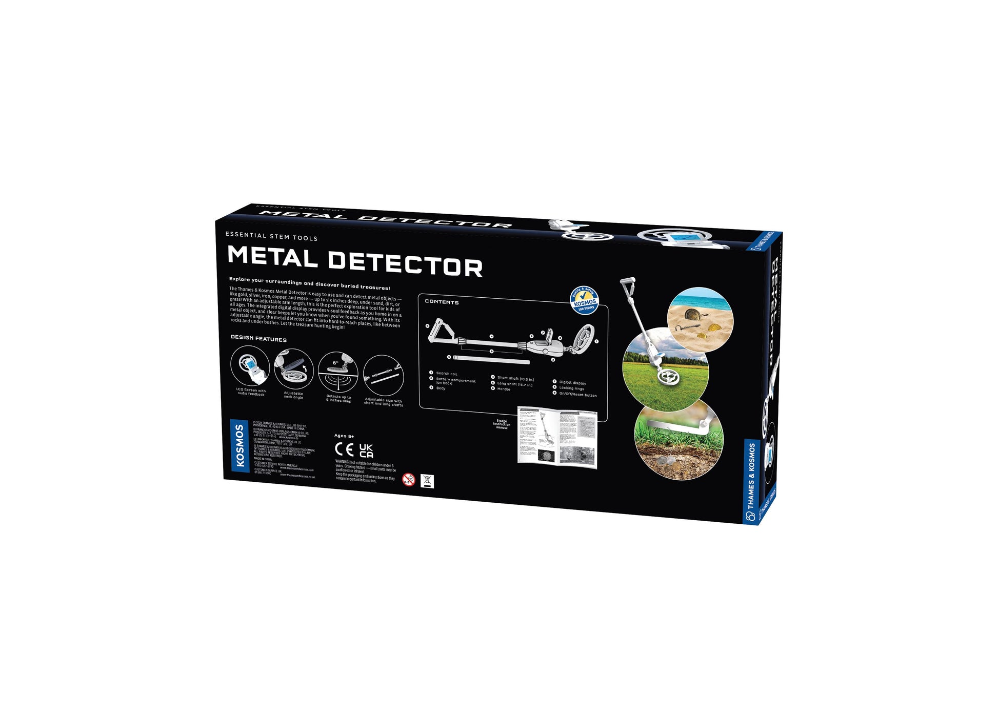 Thames & Kosmos Metal Detector kit with black box packaging showing detector components and usage examples