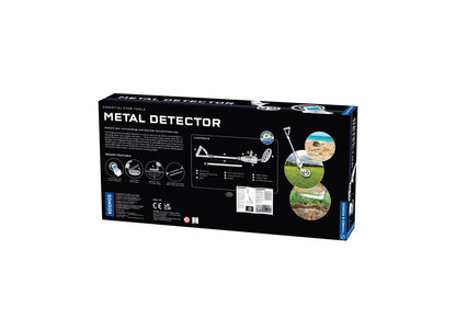 Thames & Kosmos Metal Detector kit with black box packaging showing detector components and usage examples