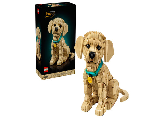LEGO Icons Golden Retriever Puppy building set with tan dog figure wearing turquoise collar and yellow tag, shown wit...