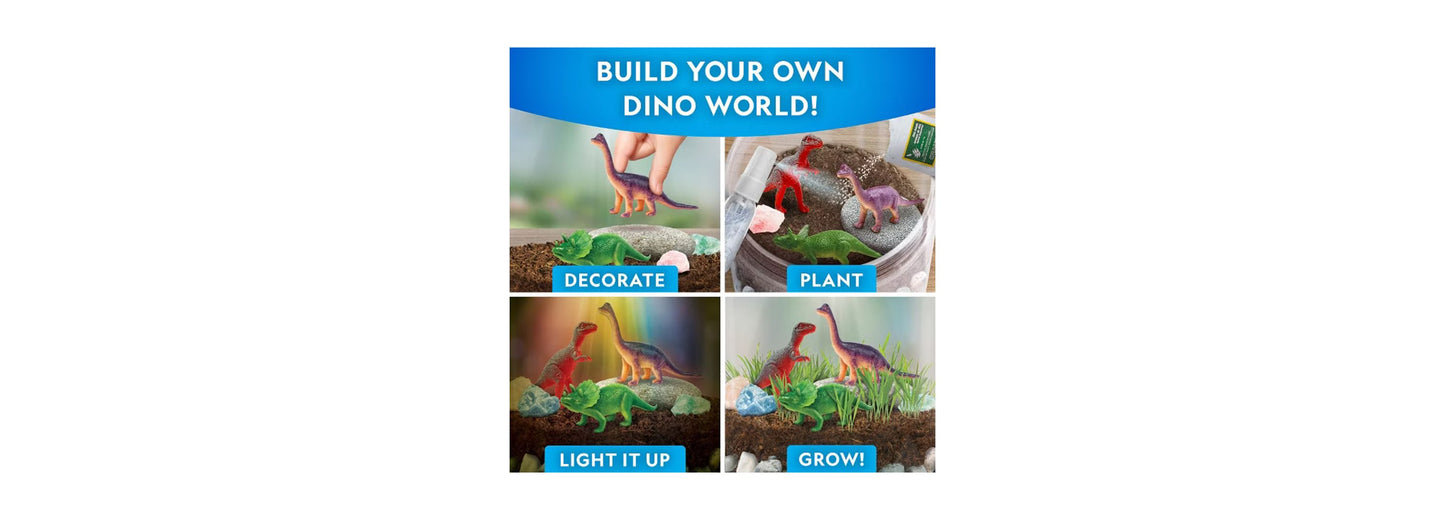 National Geographic Light-Up Dinosaur Terrarium Kit with decorative dinosaurs, plants, and LED lighting
