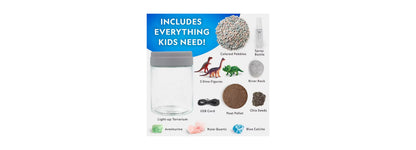National Geographic Light-Up Dinosaur Terrarium Kit with colored pebbles, dinosaur figures, crystals, and accessories