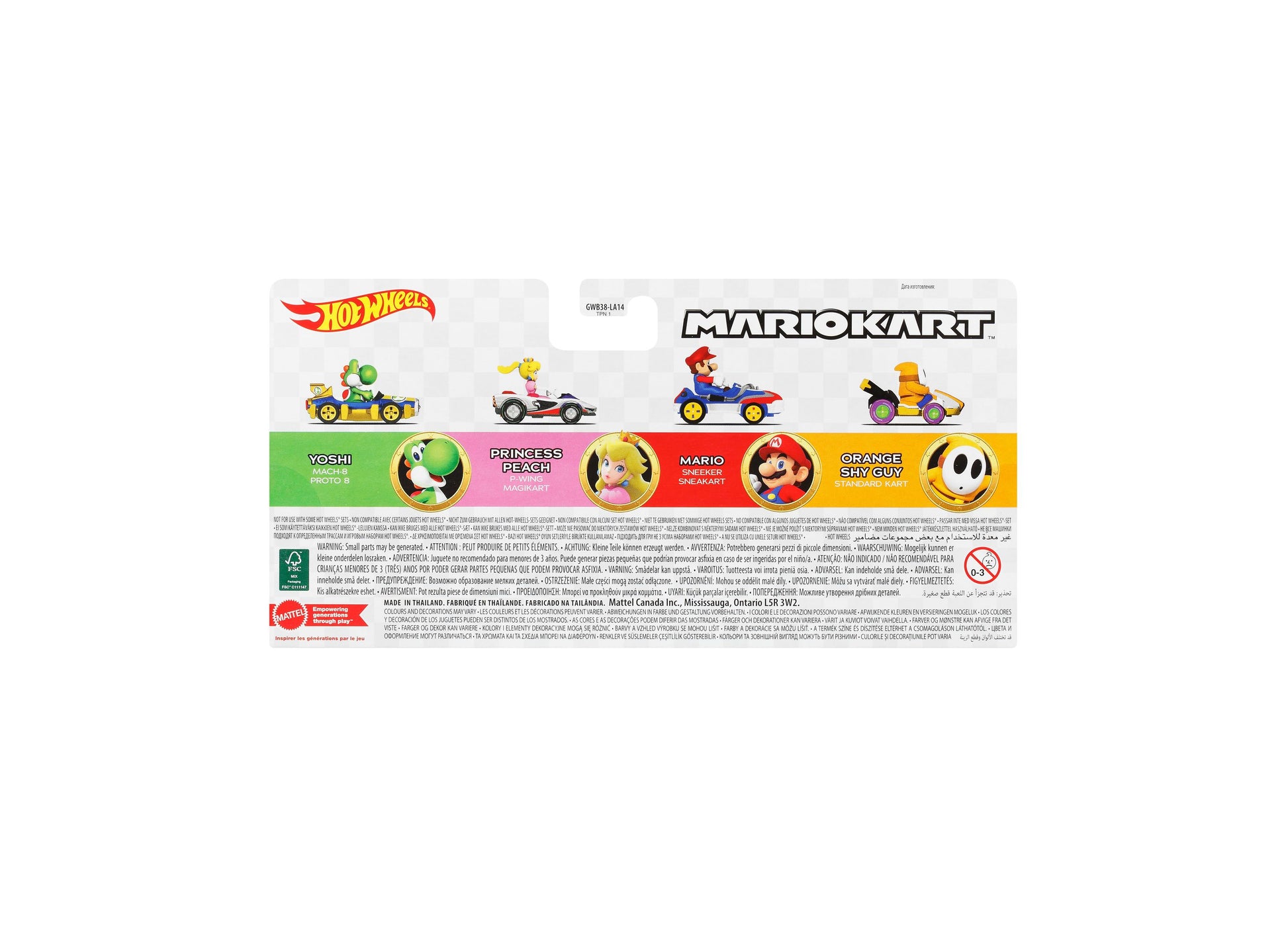 Hot Wheels Mario Kart 4-Pack Vehicle Set with Yoshi, Princess Peach, Mario, and Shy Guy die-cast cars