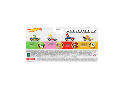 Hot Wheels Mario Kart 4-Pack Vehicle Set with Yoshi, Princess Peach, Mario, and Shy Guy die-cast cars
