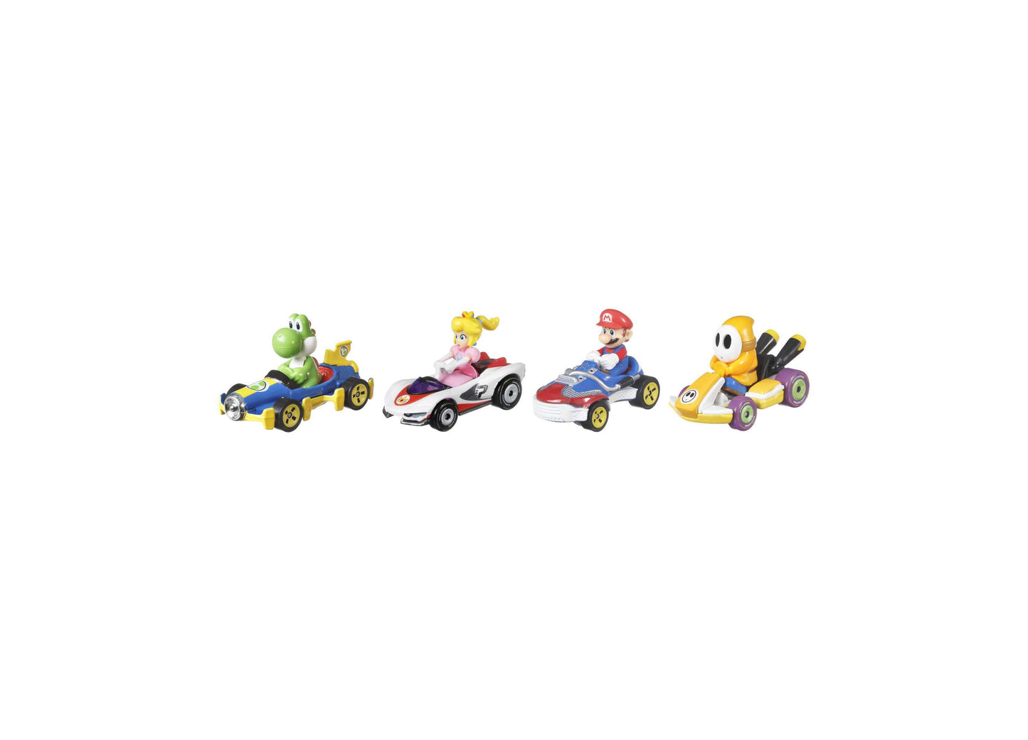 Hot Wheels Mario Kart Vehicle 4-Pack Set with Yoshi, Peach, Mario, and Shy Guy race cars