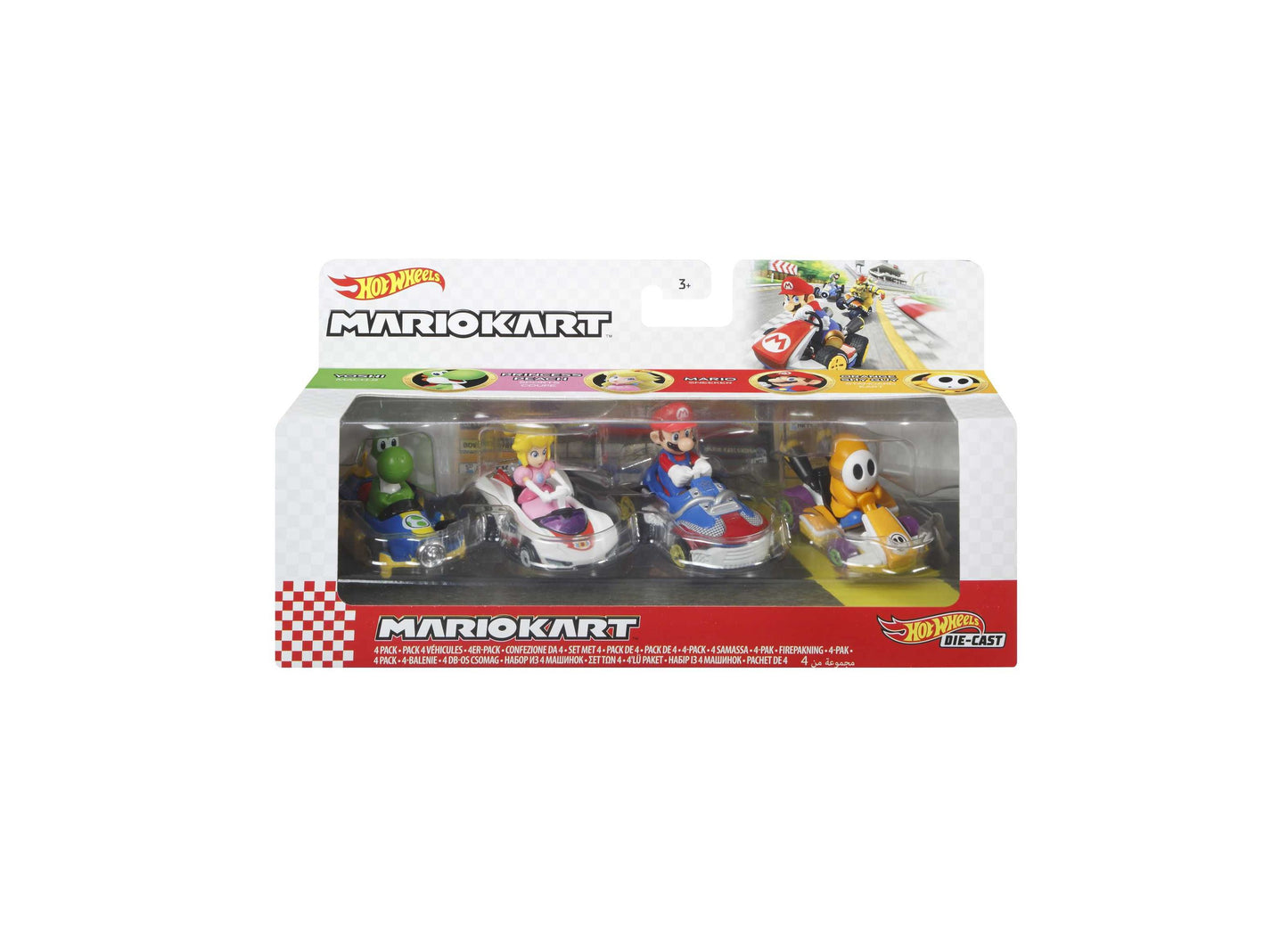Hot Wheels Mario Kart 4-Pack die-cast vehicle set with Mario, Peach, Yoshi and Koopa Troopa