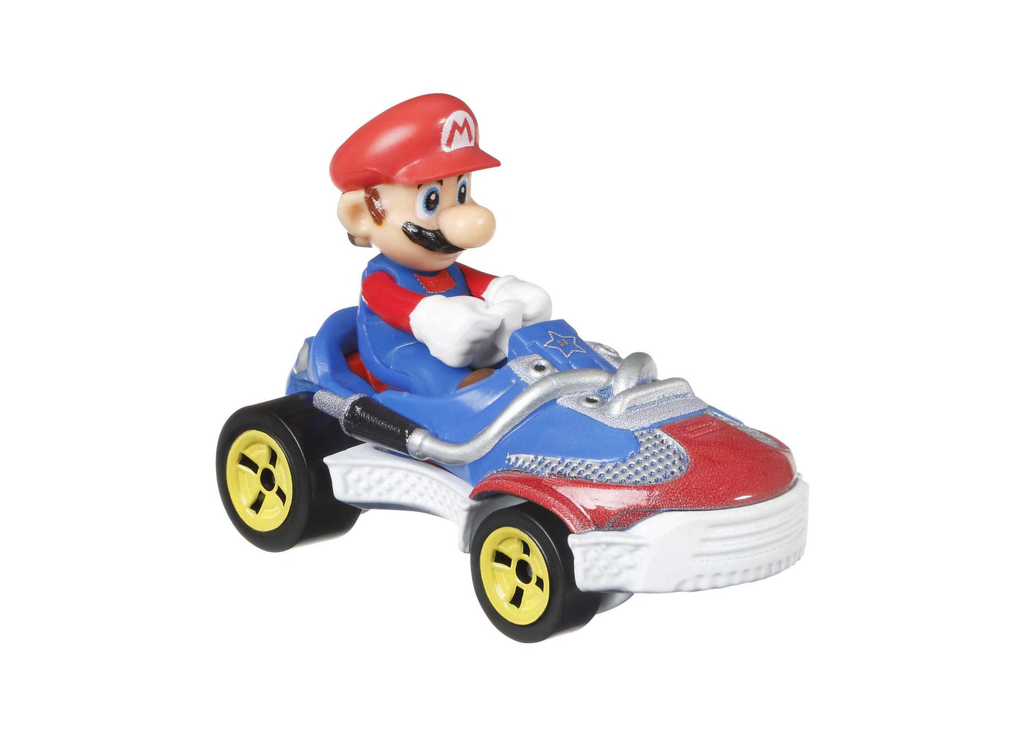 Hot Wheels Mario Kart Mario vehicle toy with blue and red shoe-shaped car design