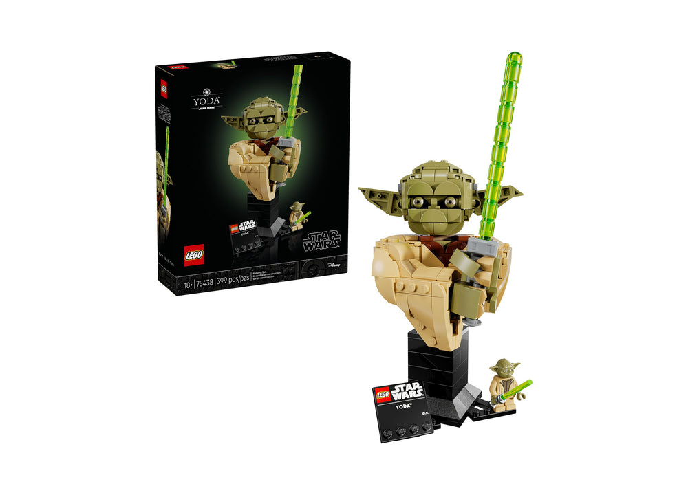 LEGO Star Wars Yoda Bust 75438 building set with tan head, green lightsaber, and minifigure