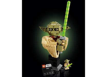 LEGO Star Wars Yoda Bust 75438 building set with tan head, green lightsaber, and minifigure