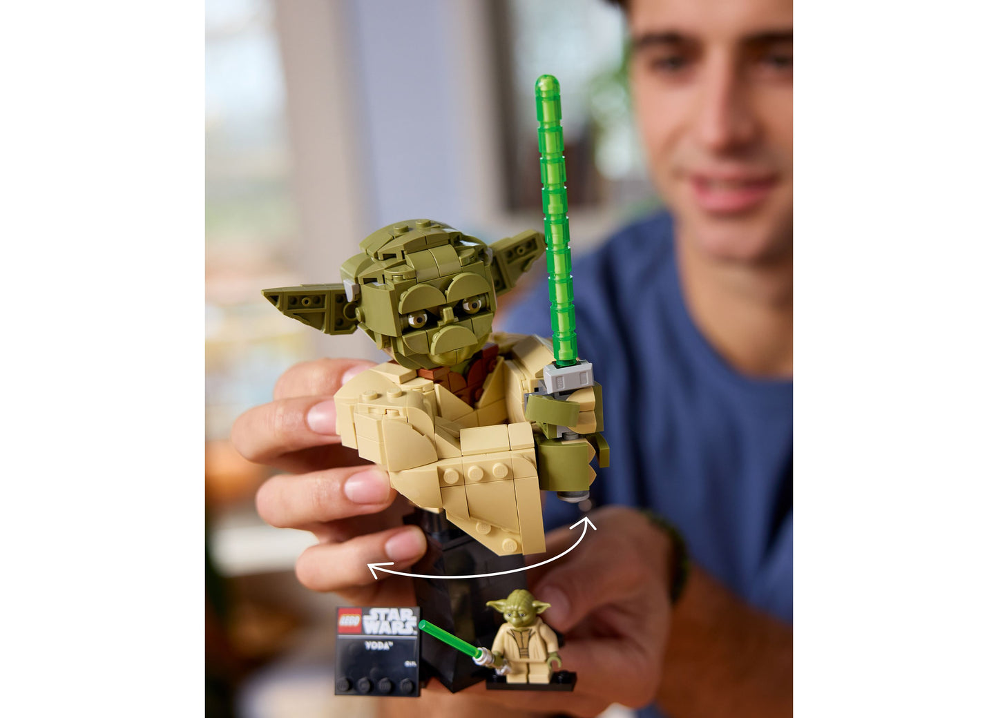 LEGO Star Wars Yoda Bust 75438 building set with tan and green pieces, displayed with minifigure