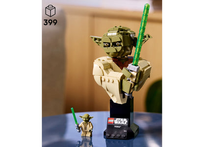 LEGO Star Wars Yoda Bust 75438 with 399 pieces, featuring tan and green colored brick construction and minifigure