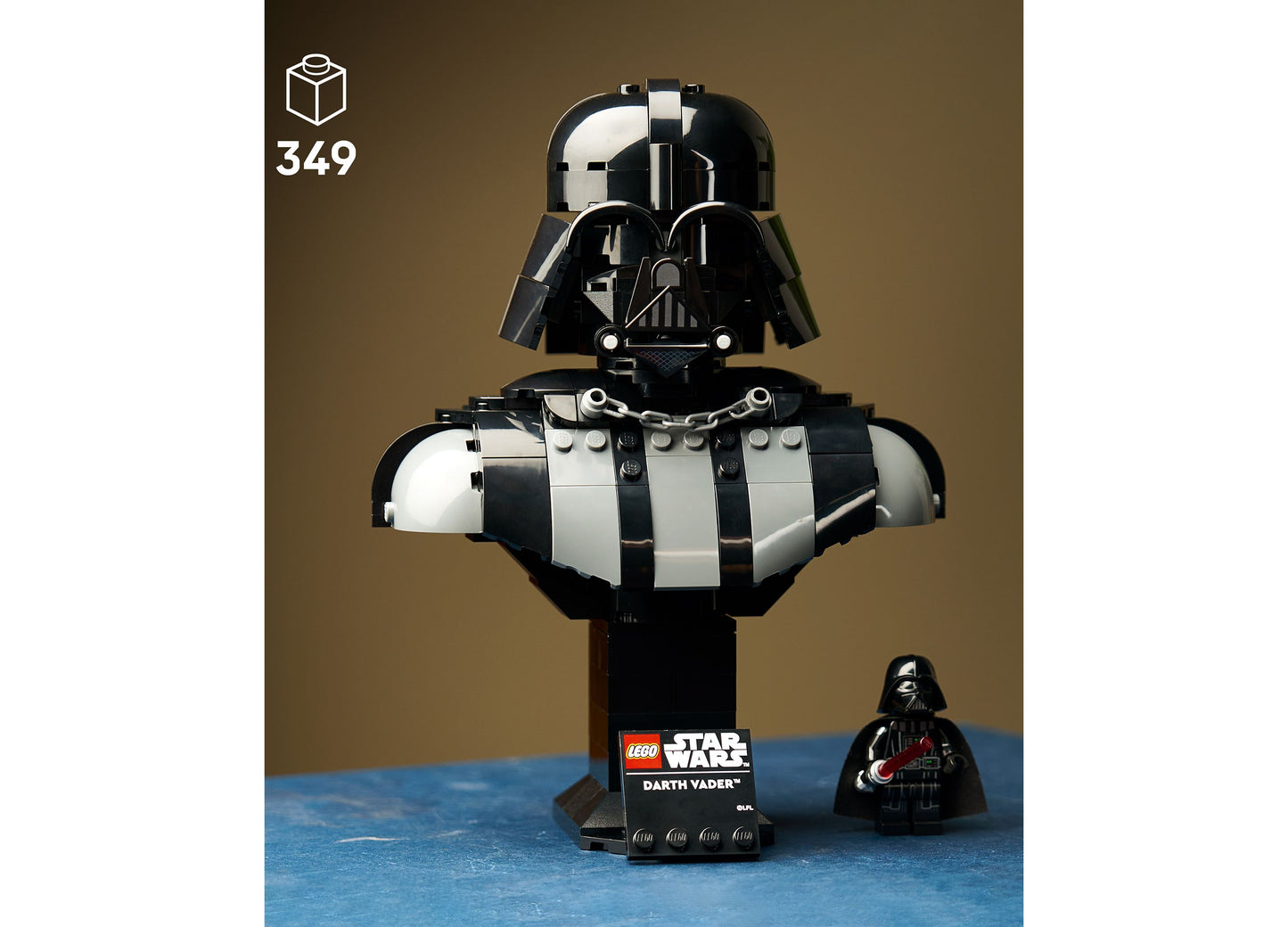 LEGO Star Wars Darth Vader Bust 75439 building set with 349 pieces, featuring black and white helmet and chest armor