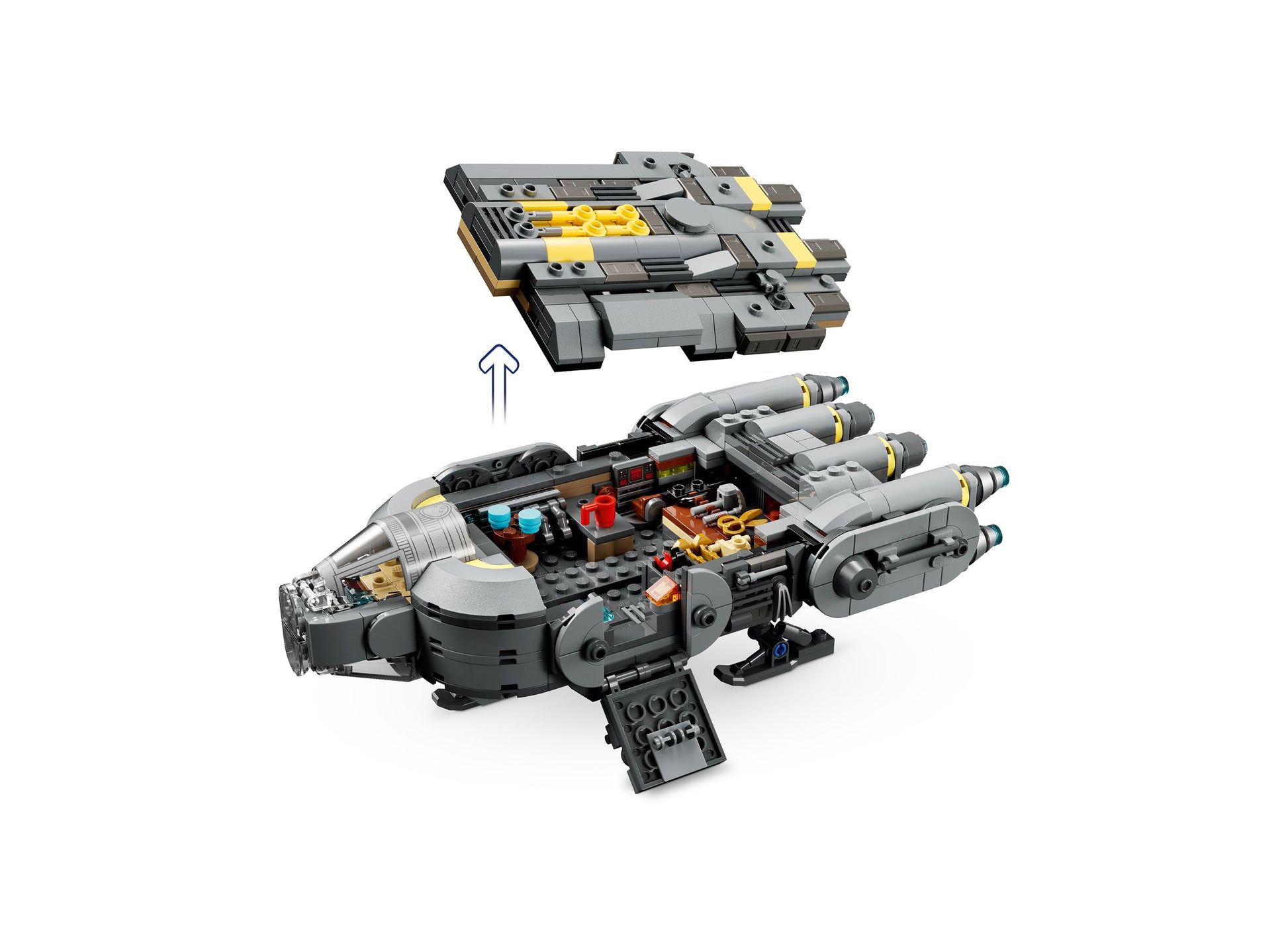 LEGO Star Wars Mandalorian 75445 Anzellan Starship building set with 701 pieces showing gray spacecraft with yellow a...