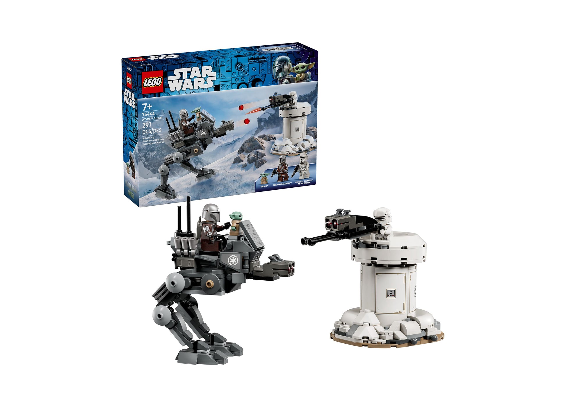 LEGO Star Wars AT-RT Attack 75444 building set with grey walker, white droid tower, and minifigures