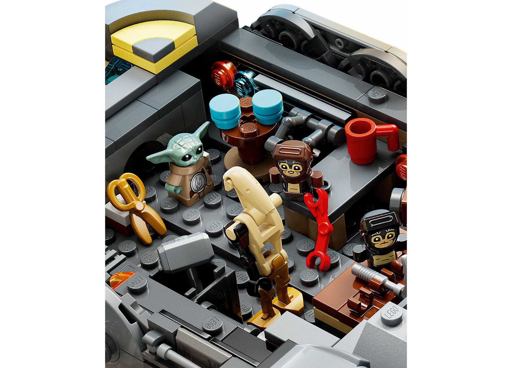 LEGO Star Wars Mandalorian 75445 starship set with Grogu minifigure and colorful building pieces displayed