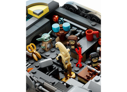 LEGO Star Wars Mandalorian 75445 starship set with Grogu minifigure and colorful building pieces displayed