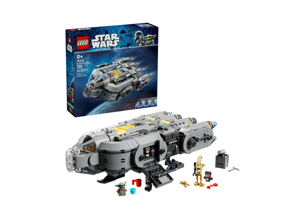LEGO Star Wars 75445 Anzellan Starship building set with 701 pieces, featuring gray and black spacecraft with yellow ...