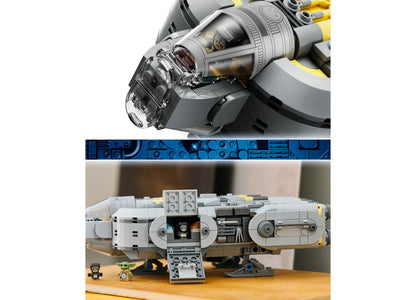 LEGO Star Wars Mandalorian Grogu Starship 75445 building set with gray and yellow spacecraft and minifigures