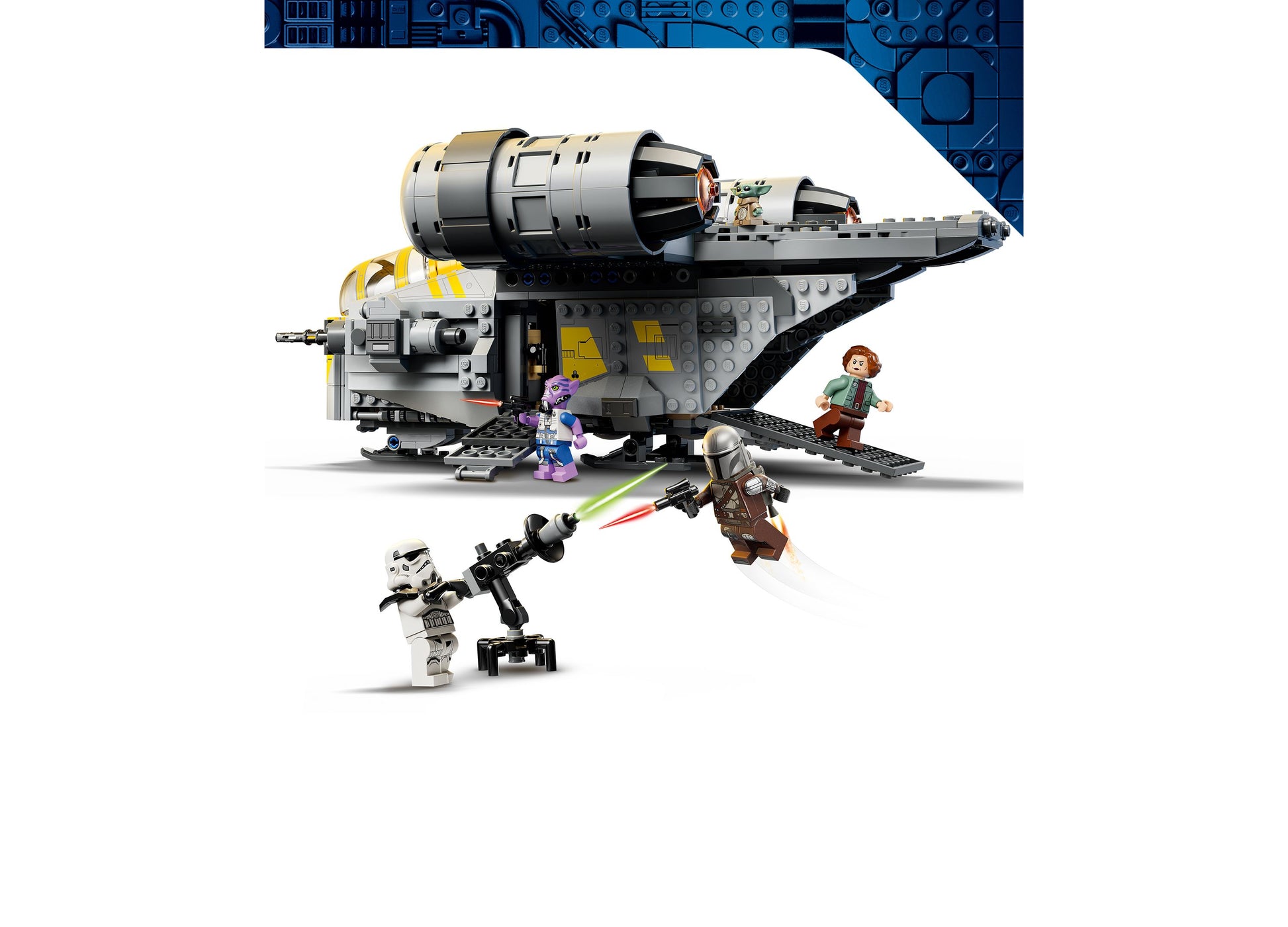 LEGO Star Wars The Razor Crest 75447 building set with 930 pieces, featuring gray and yellow spacecraft with minifigures