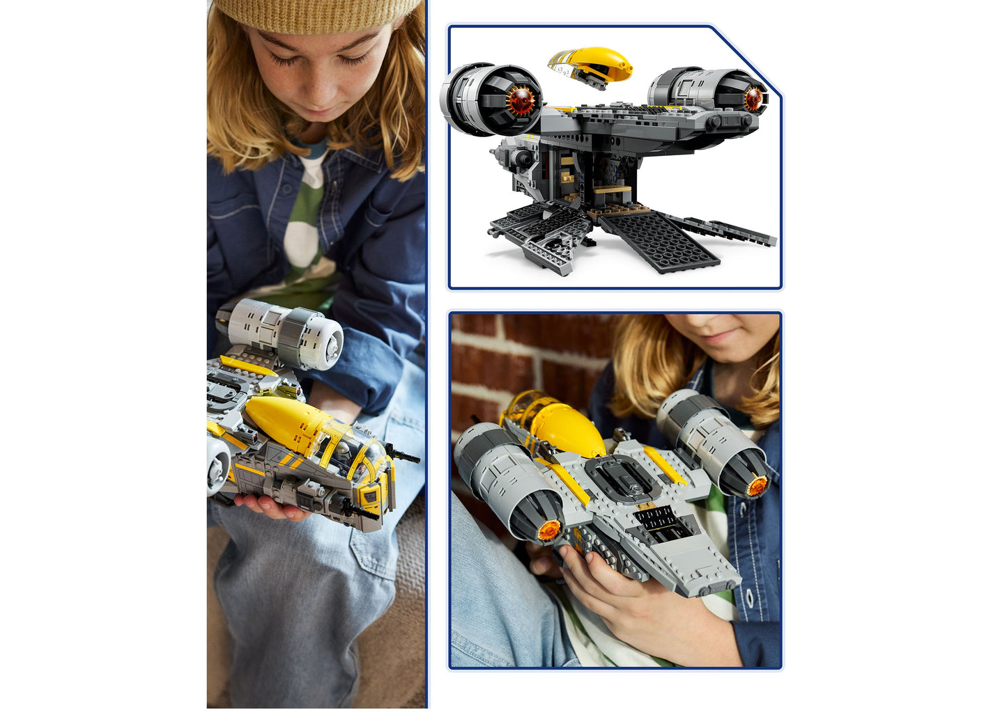 LEGO Star Wars Razor Crest 75447 building toy with yellow and gray spacecraft shown in hands