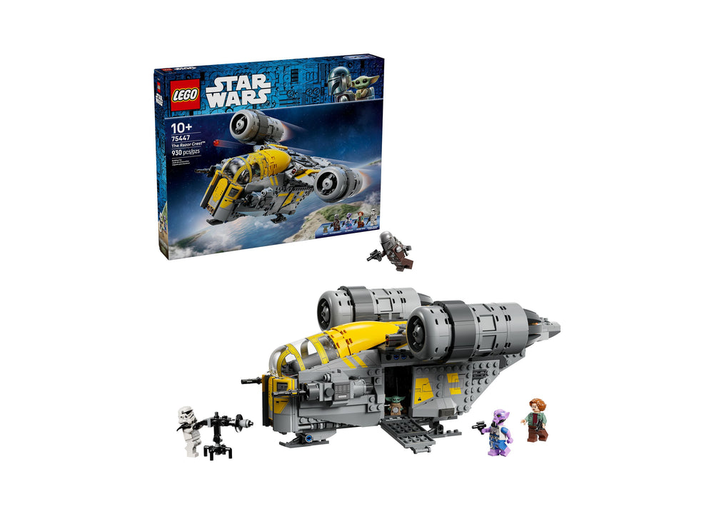 LEGO Star Wars The Razor Crest 75447 building set with yellow and gray starship, minifigures, and 930 pieces