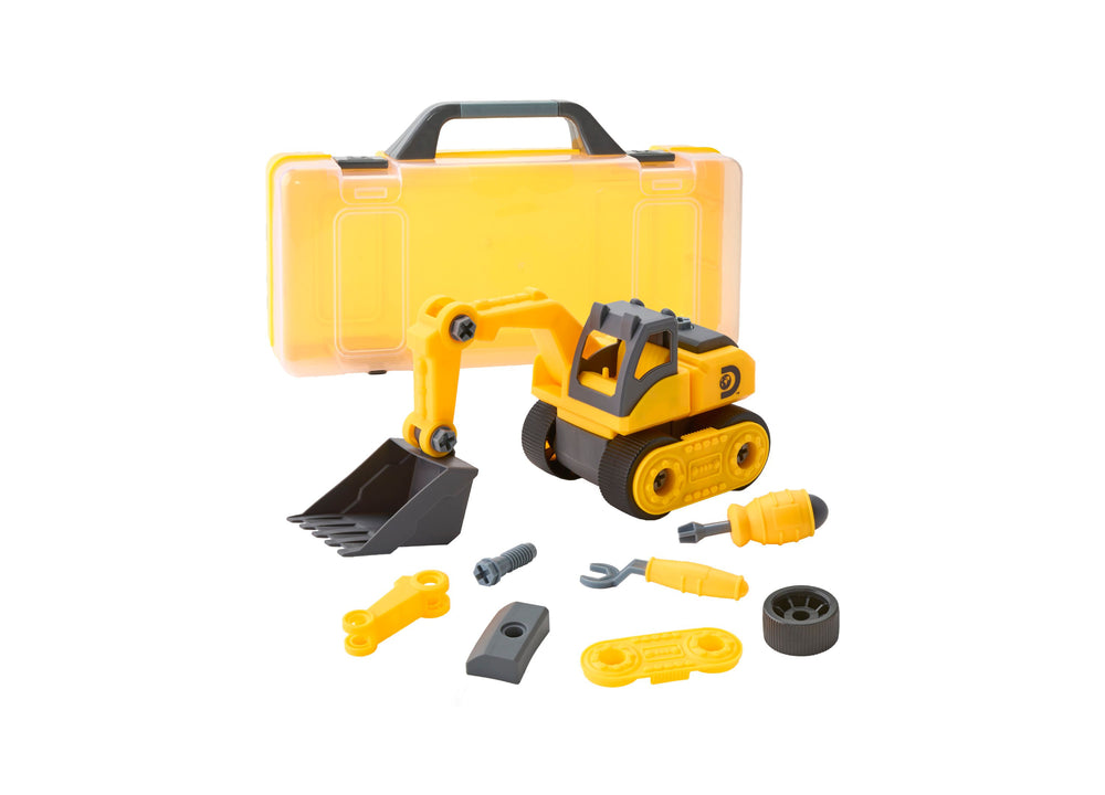 Discovery Kids Take Apart Excavator Construction Set with yellow toy excavator, tools, and carrying case