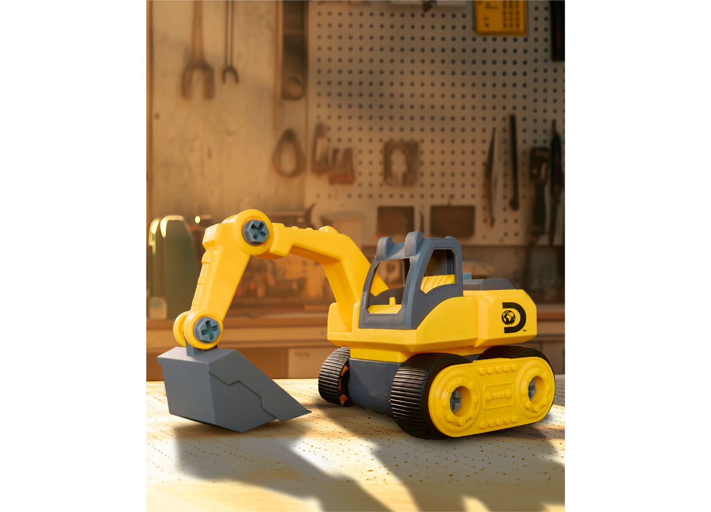 Yellow Take Apart Excavator Construction Set with articulated arm and gray bucket
