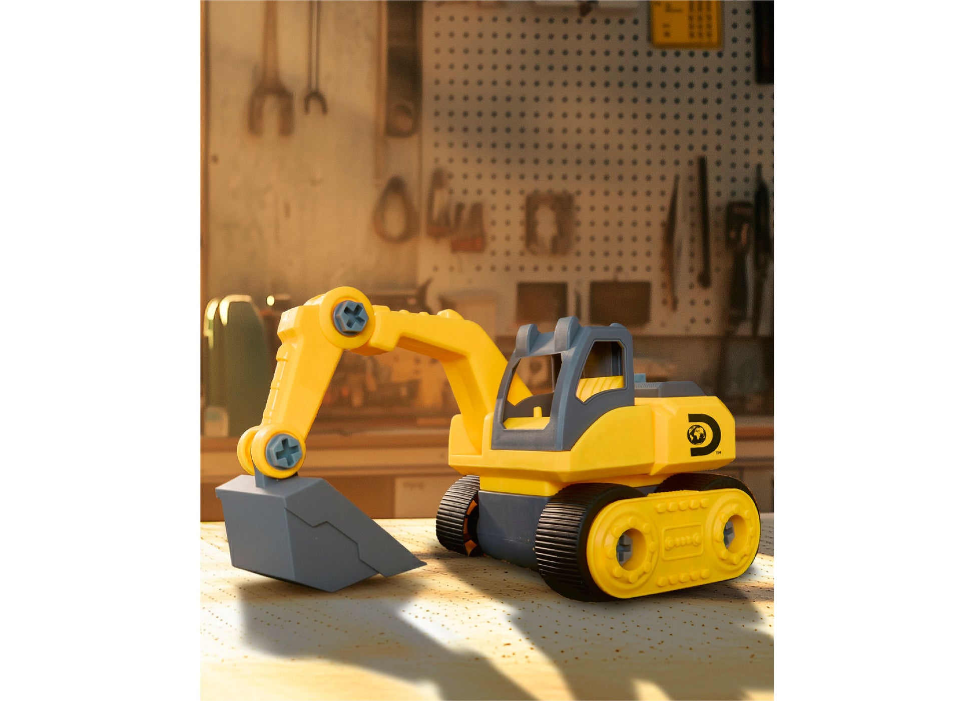 Yellow Take Apart Excavator Construction Set with articulated arm and gray bucket