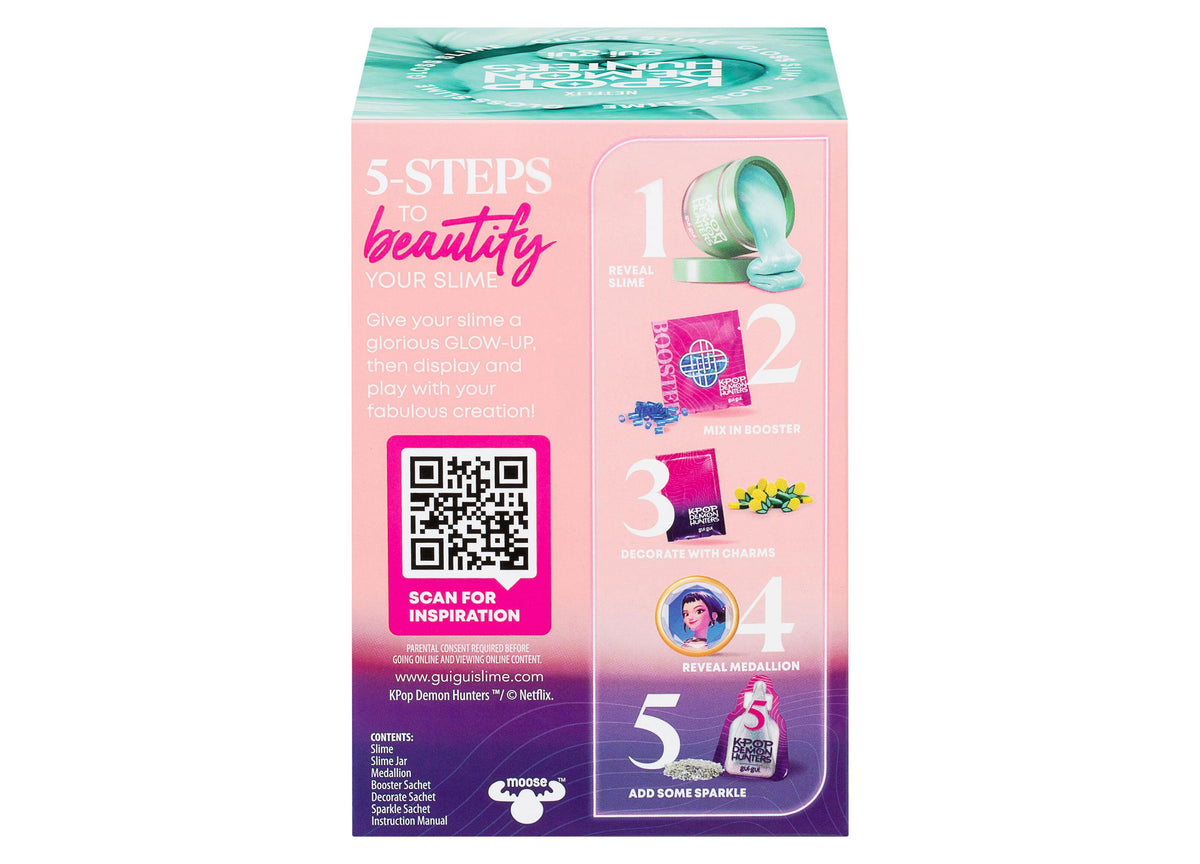 Gui Gui K-Pop Demon Hunters slime kit box with pink and teal gradient, showing 5-step slime beautification process an...
