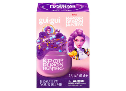Gui Gui K-Pop Demon Hunters slime kit with purple container, character artwork, and glowing orbs on pink packaging