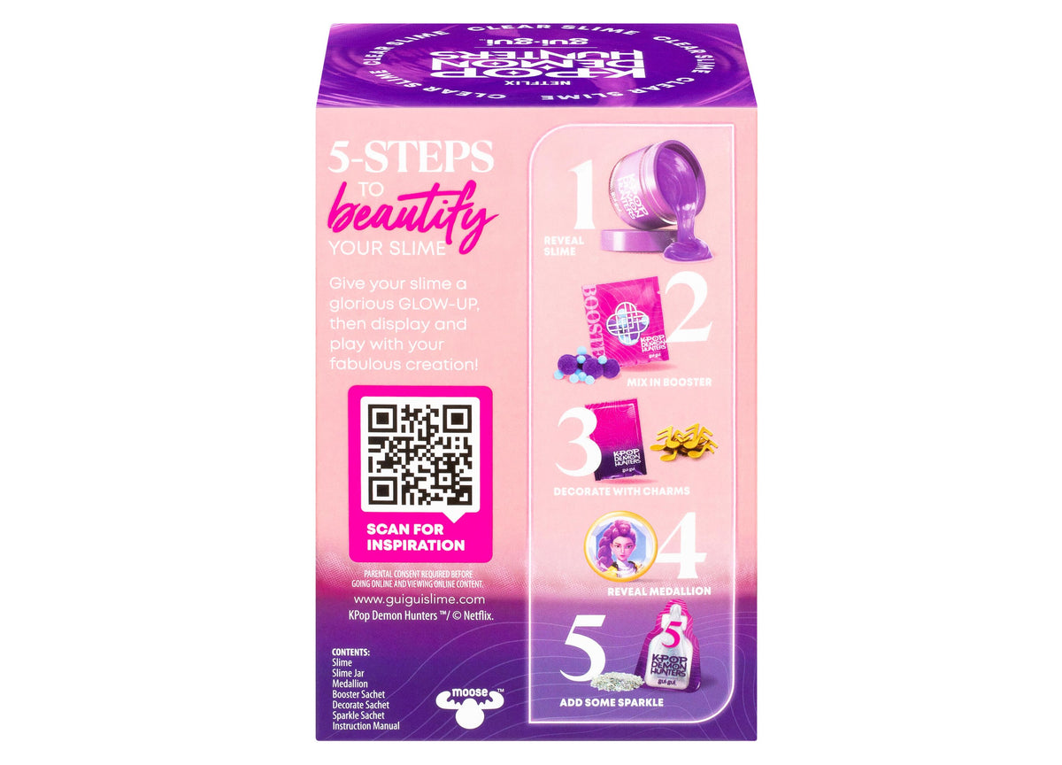 Gui Gui K-Pop Demon Hunters slime package with purple top, pink sides, showing 5-step slime beautification process an...
