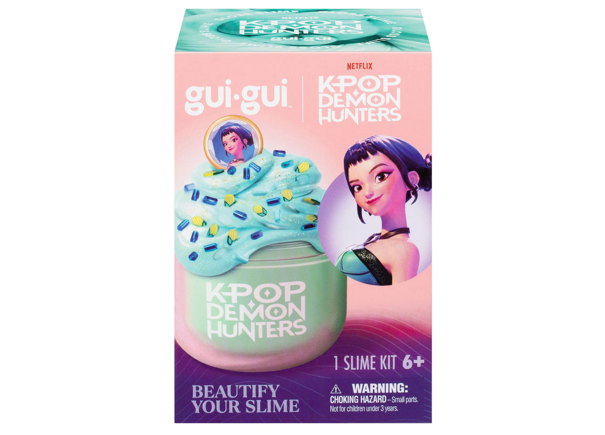 Gui Gui K-Pop Demon Hunters slime kit with turquoise container, blue and yellow decorative pieces, and character artw...
