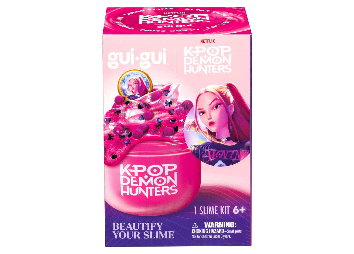Gui Gui K-Pop Demon Hunters slime kit with pink container, character artwork, and sparkly decorative elements